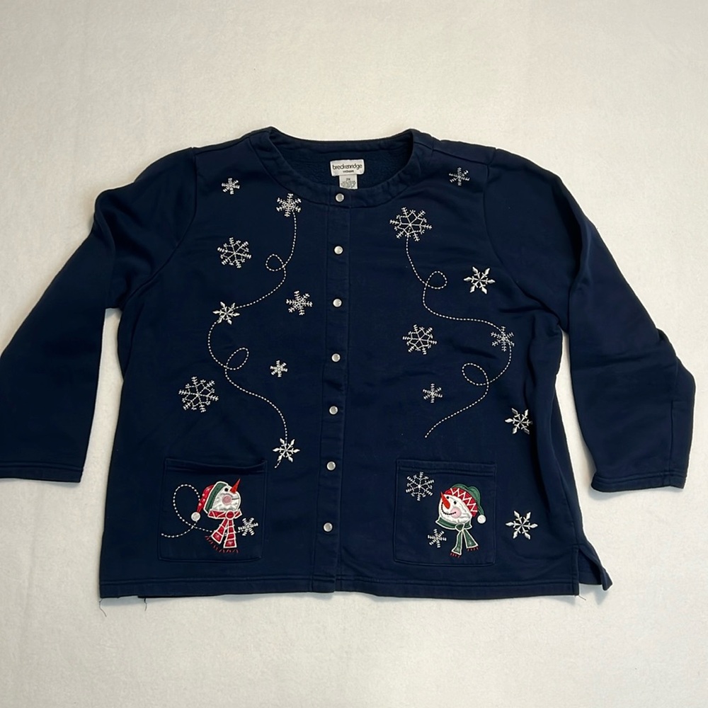 Breckenridge Navy Snap Up Sweatshirt Snowflakes Snowmen Embroidered Pockets 2X‎